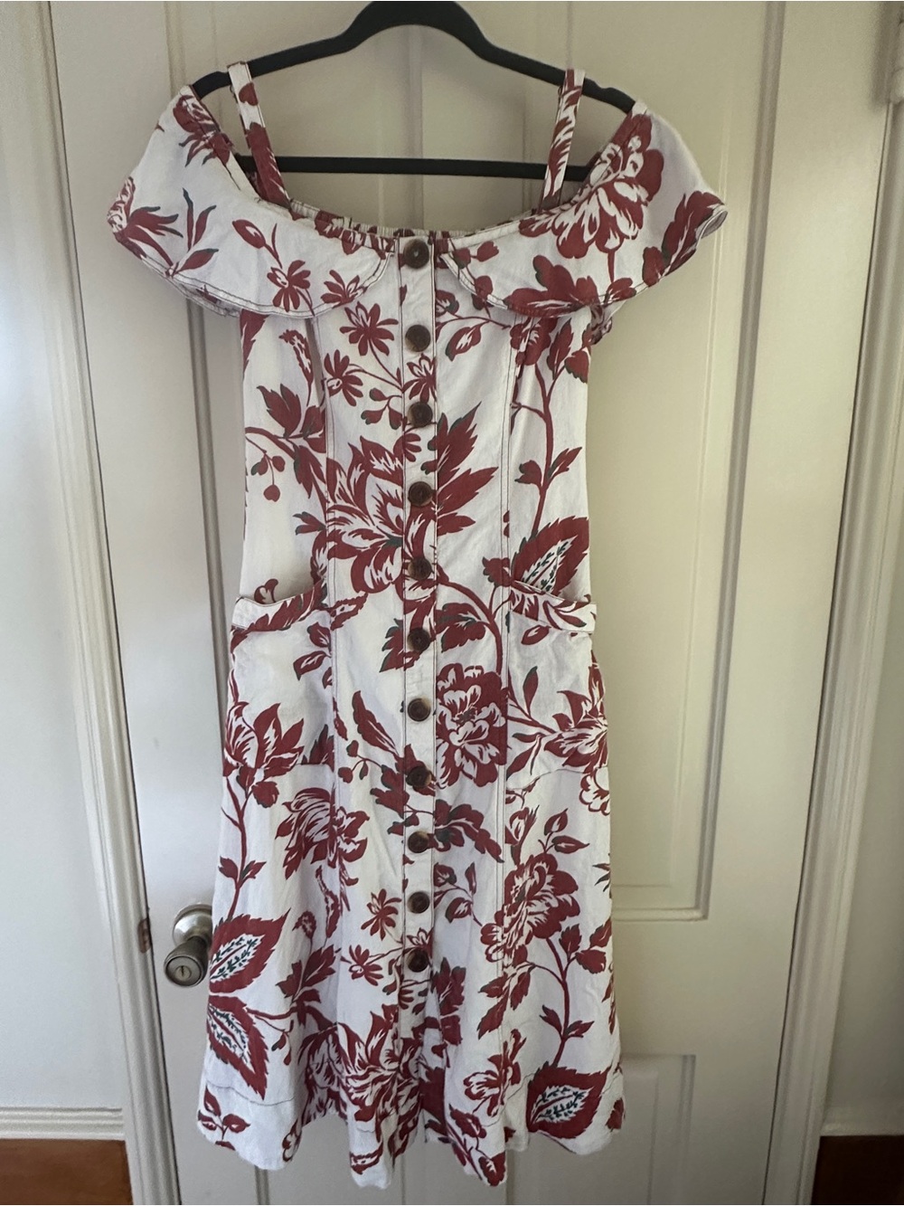 Anthropologie Linen Off-Shoulder Midi Dress, White with Red Floral Print